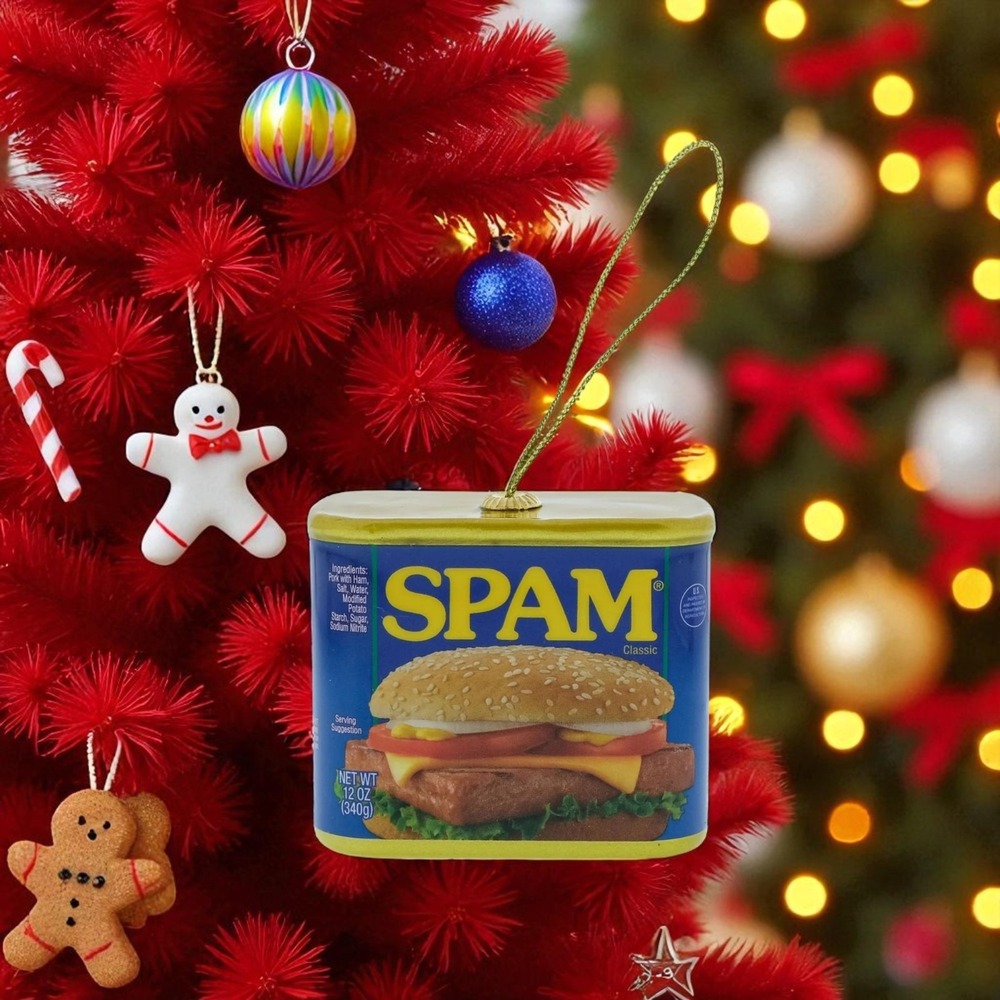 Spam Ornament, 4 inches Tall, Faux Food, Decoupage,‎ Plastic, Blue, Novelty